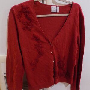 J Jill Red Cotton/Alpaca Blend Embroidered Button-up Cardigan Size Medium m